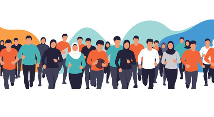 Large diverse crowd of people, including women in hijabs, running together in a marathon or community fitness event.