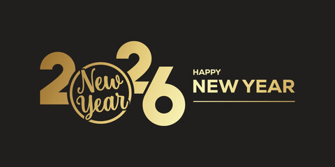 Elegant “Happy New Year 2026” typography in metallic gold on a dark background, modern festive banner design ideal for holiday greetings, party invitations, web headers. © bibin