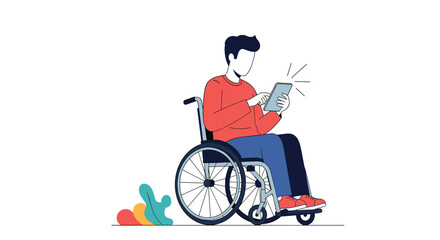 Fototapeta premium Person in a wheelchair actively using a digital tablet, representing accessibility, technology, and modern communication.