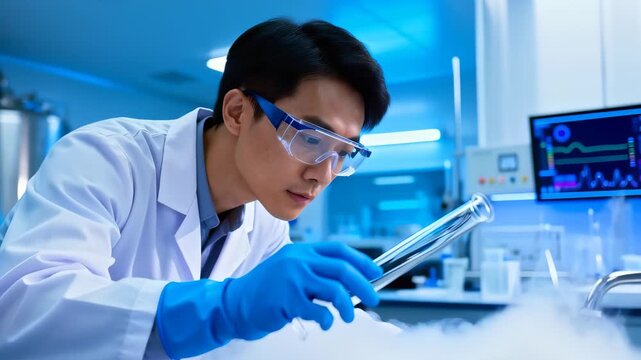 Man handles a cryogenic vial in a cold laboratory environment with visible vapor and stainless equipment, wearing protective goggles and gloves while performing a controlled scientific procedure under
