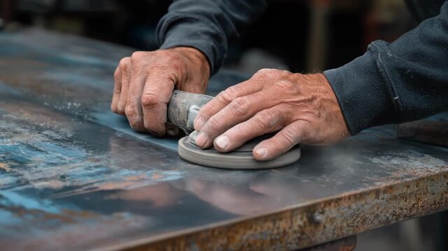 Medium shot of hands sanding a metal surface to remove oxide layers showcasing precision and detail in surface preparation for oxidation control.