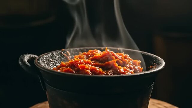 Steaming Hot Bowl of Spicy Tomato Sauce with Herbs.