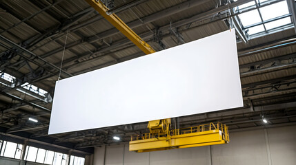Blank white banner suspended in a vast industrial space, illuminated by skylights, offering versatile potential for impactful messaging within a unique architectural setting.