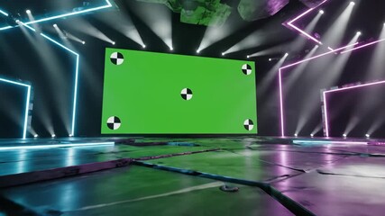 Dynamic futuristic stage with chroma key screen perfect for virtual production and events