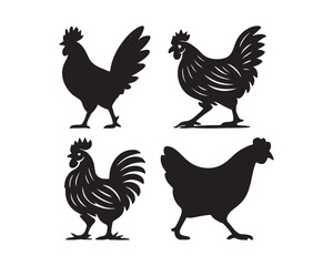 hen & rooster silhouette, hen & Chicken family, farm bird silhouettes, large tail feathers rooster, crowing rooster vector silhouette design set collection, hen silhouette, rooster silhouette