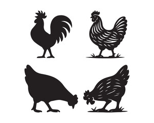 hen & rooster silhouette, hen & Chicken family, farm bird silhouettes, large tail feathers rooster, crowing rooster vector silhouette design set collection, hen silhouette, rooster silhouette