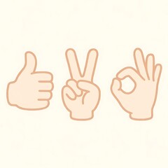 Three human hands displaying common positive gestures including a thumbs up sign a peace symbol and an okay hand gesture against a neutral background