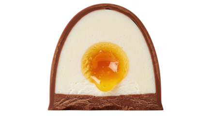 Chocolate egg dessert with creamy white filling and liquid gold center egg shape