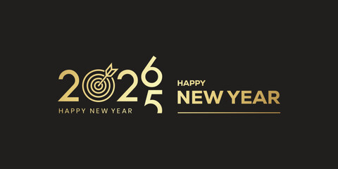 Elegant “Happy New Year 2026” typography in metallic gold on a dark background, modern festive banner design ideal for holiday greetings, party invitations, web headers. © bibin