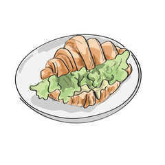 croissant sandwich with vegetable on dish illustration vector sketch with black lines