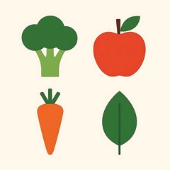 A simple flat design illustration showcasing four healthy food icons broccoli apple carrot and a green leaf