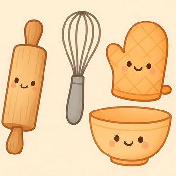 Adorable kawaii baking utensils featuring a rolling pin whisk oven mitt and mixing bowl with cute faces