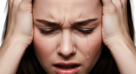 Woman experiencing intense migraine headache holding her head in pain transparent background black background