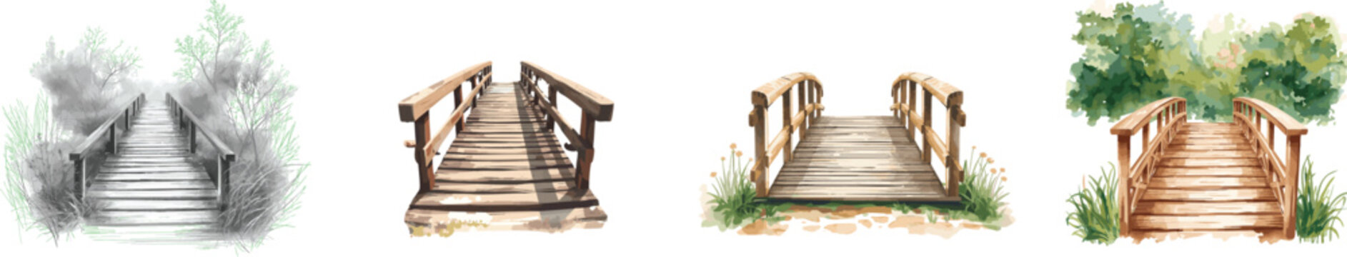 Watercolor vector set of a wooden bridge, isolated on a white background. Wooden bridge illustration.