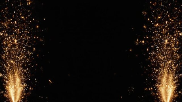 Sparkler fountains on left and right sides, glowing particles rising upward, black background with empty center for text