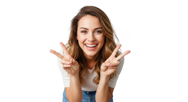 Smiling young woman makes peace signs and fingers crossed gestures full body pose transparent background black background - Powered by Adobe