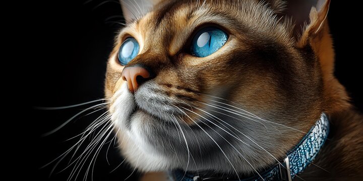 Elegant brown tabby cat with striking blue eyes wearing decorative collar against dark background for pet photography and feline portrait concepts. - Powered by Adobe