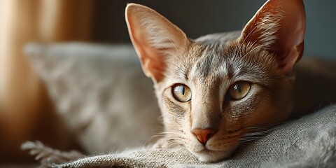 Abyssinian cat with golden eyes resting on soft gray blanket in warm sunlight. Purebred feline portrait showing alert expression and distinctive ticked coat pattern.