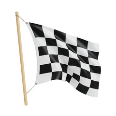 Obraz premium Waving checkered racing flag attached to a wooden pole isolated on a transparent background isolated on transparent background