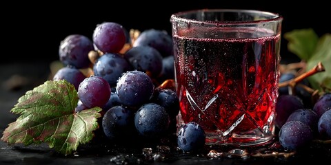 Fresh dark grapes with crystal glass of red grape juice on rustic wooden table. Healthy organic fruit beverage for breakfast or snack time.