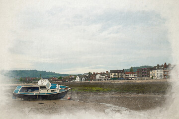 Digital watercolour painting of boats moored in the harbour at Rhos-on-Sea at low tide.