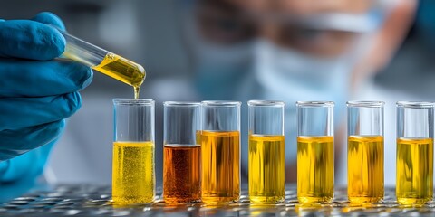 Laboratory scientist in blue gloves using pipette to transfer golden liquid sample into test tubes for chemical analysis and research experiments.