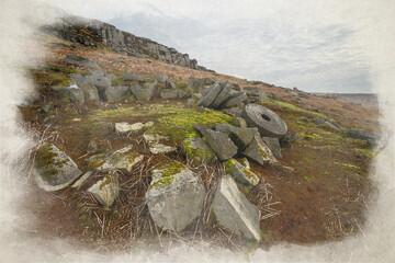 Digital watercolour illustration of the millstones at Stanage Edge in the Derbyshire Peak District during winter.