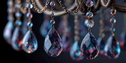 Elegant crystal chandelier with sparkling glass teardrops and metal chains creating luxurious lighting fixture for interior design and home decor projects.