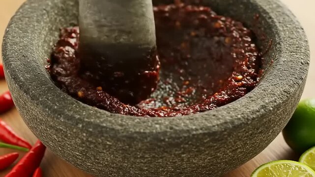 Traditional Thai Cooking - Preparing Red Curry Paste with Mortar and Pestle.