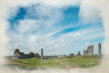 Digital watercolour painting of Magpie Mine in the Derbyshire Peak District National Park.