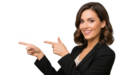 Smiling business woman gesturing to the left with both hands transparent background black background