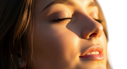 Golden hour glow captures serene woman's face in warm sunlight transparent background black background