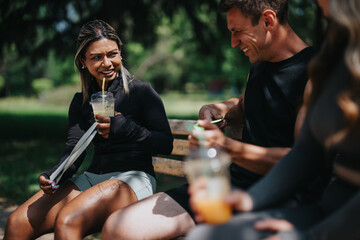 Three friends share laughter and refreshing drinks outdoors in a lush, green park.