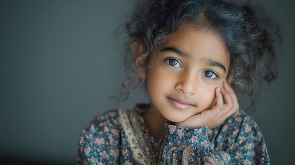 Young mixed-race girl with curly hair resting chin on hand, wearing floral sweater against soft background for childhood and education concepts.