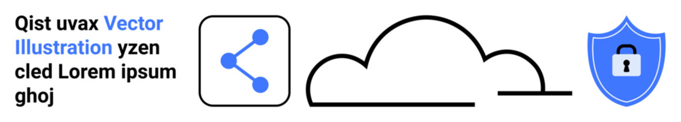 Cloud computing, data security, file sharing, online storage, secure connections, digital safety. Graphic includes a cloud, sharing icon and shield with a padlock. Cloud computing and data security