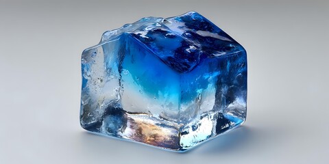 Obraz premium Translucent blue ice cube with frozen bubbles and crystal clear edges on neutral background for cooling and refreshment concepts.