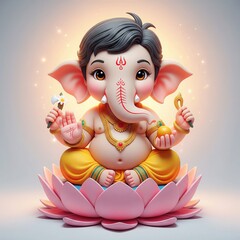 Fototapeta premium Bal Ganesha on Lotus. Cute 3D Clay Idol Illustration.