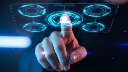 Businessman finger touching futuristic holographic interface with glowing blue circular elements in modern digital technology concept for innovation.