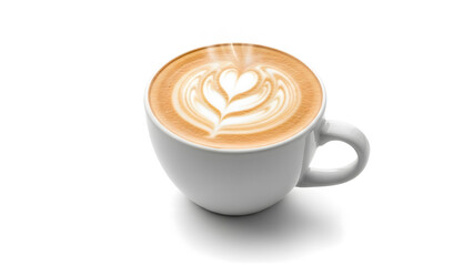 Cup of cappuccino with heart-shaped latte art on white background