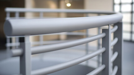 Close-up of an indoor architectural staircase with a smooth, gray metal railing and a blurred background of neutral tones, emphasizing modern design and safety features. Minimalist view.
