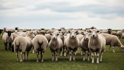 Fototapeta premium Woolly sheep stand united in a lush green pasture, some facing forward with curious eyes under a serene cloudy sky, embodying peaceful farm life