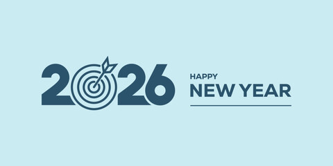 Modern “Happy New Year 2026” typography in bold blue on a light cyan background, clean minimalist holiday banner ideal for greetings, web headers, social media posts. © bibin