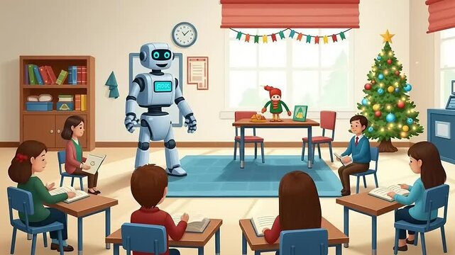 Futuristic Robot Teacher Instructs Children in a Festive Classroom.