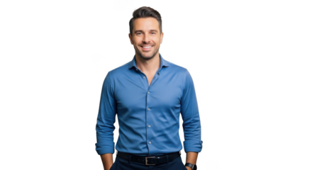 Smiling man in blue shirt confidently poses for portrait photography professional transparent background black background