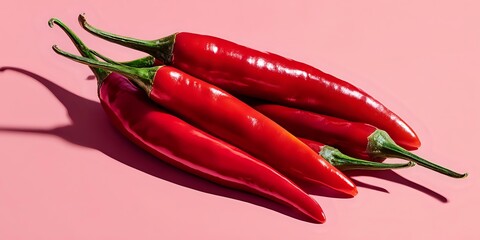 Fresh red chili peppers with green stems arranged on pink background for culinary cooking spice ingredient food photography design projects.