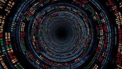 Abstract visualization of digital data flow in a spiral design, showcasing numbers and codes in vibrant colors against a dark background 4k video footage - Powered by Adobe