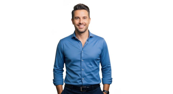 Smiling man in blue shirt confidently poses for portrait photography professional transparent background black background - Powered by Adobe