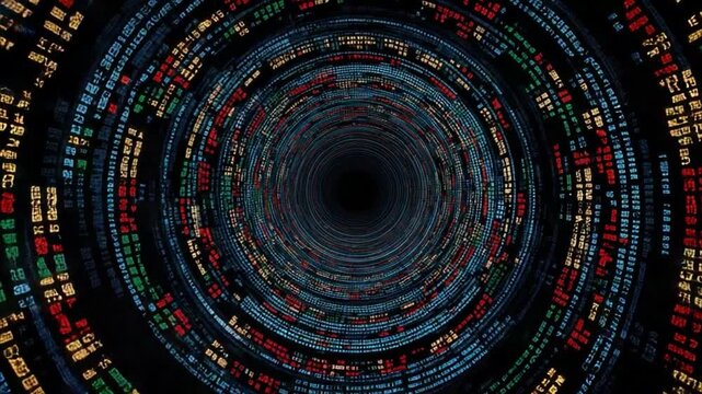 Abstract visualization of digital data flow in a spiral design, showcasing numbers and codes in vibrant colors against a dark background 4k video footage