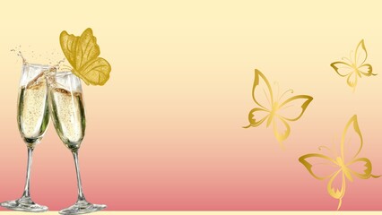 Elegant champagne toast illustration featuring glistening flutes and delicate golden butterflies, perfect for celebrating special moments and joyous occasions with luxury