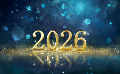2026 New Year Celebration - Golden Number With Glittering At Blue Eve Night In Abstract Defocused...